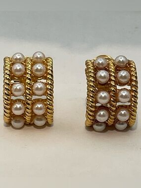 Givenchy Couture Signed Vintage 18K GP Clip Earrings Double Row Pearl Hoops